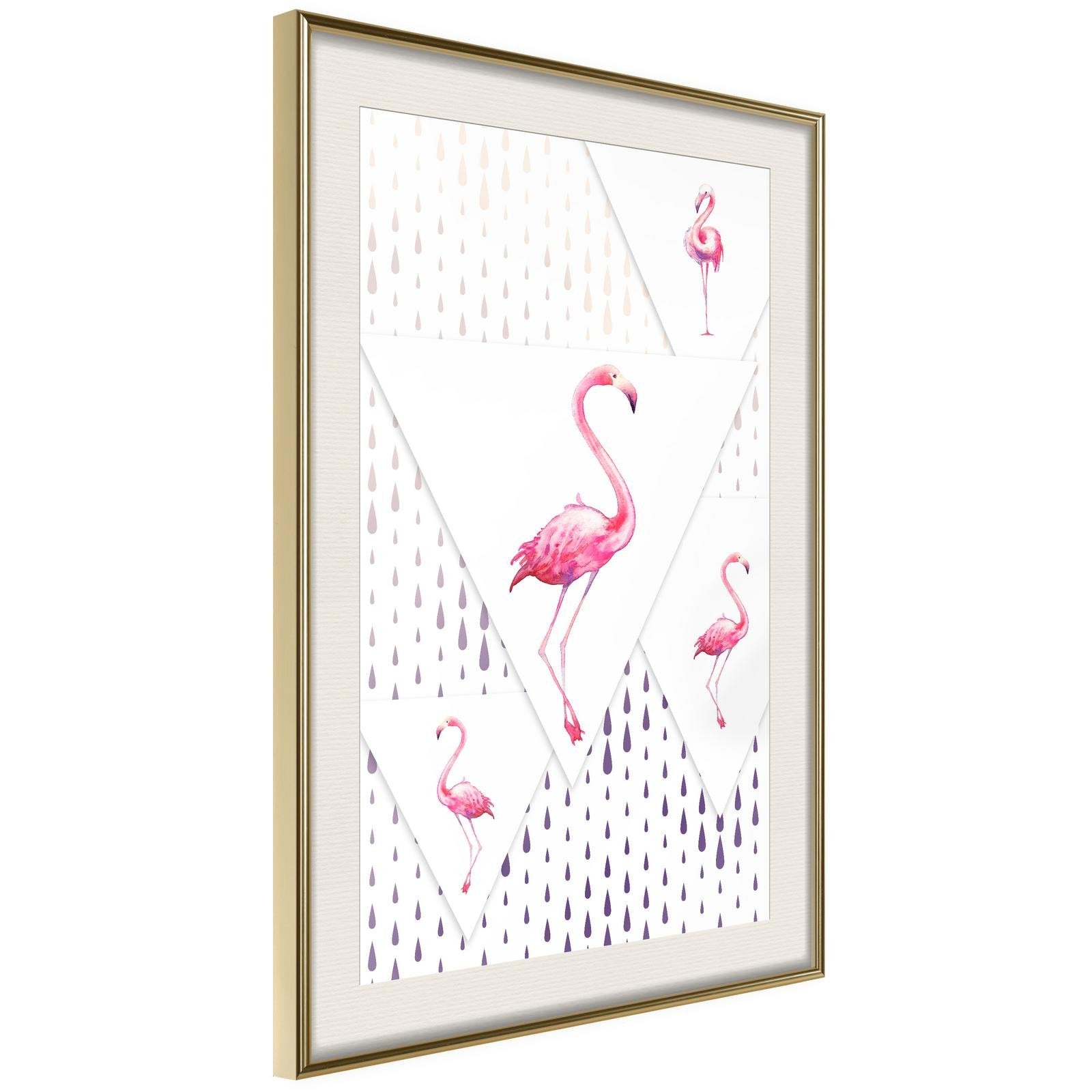 Inramad Poster / Tavla - Flamingos and Triangles - 20x30 Guldram med passepartout
