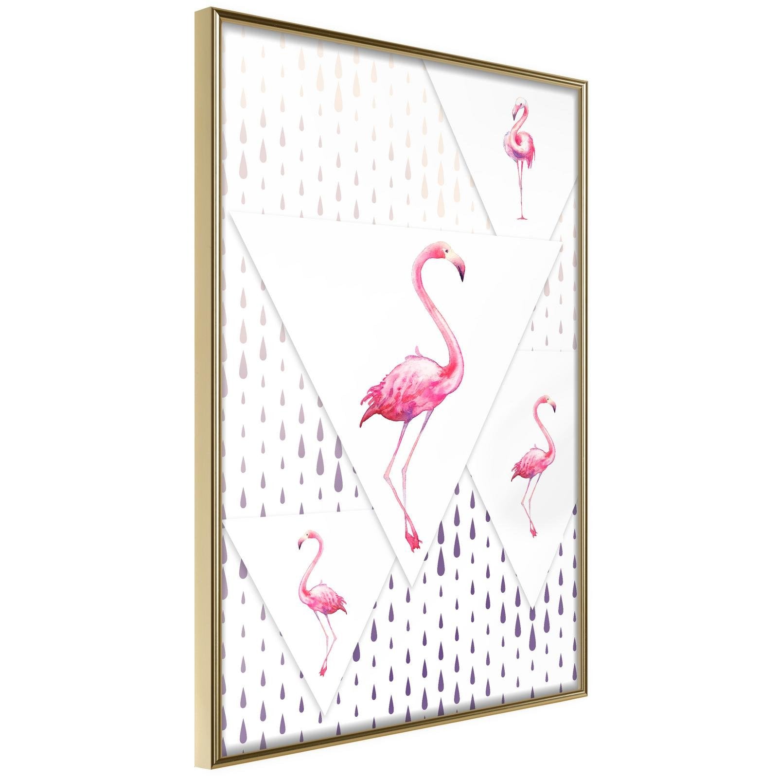 Inramad Poster / Tavla - Flamingos and Triangles - 30x45 Guldram