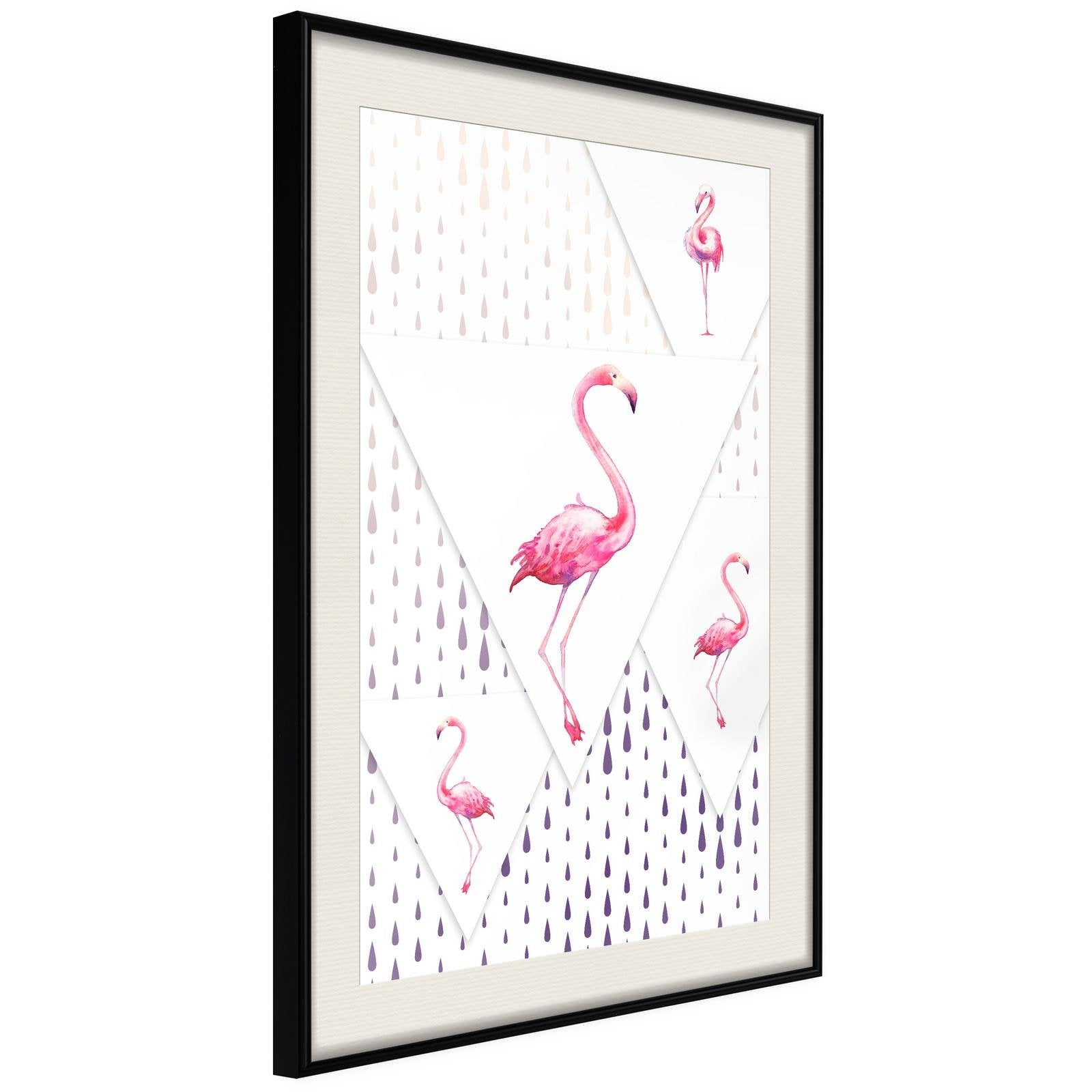 Inramad Poster / Tavla - Flamingos and Triangles - 20x30 Svart ram med passepartout