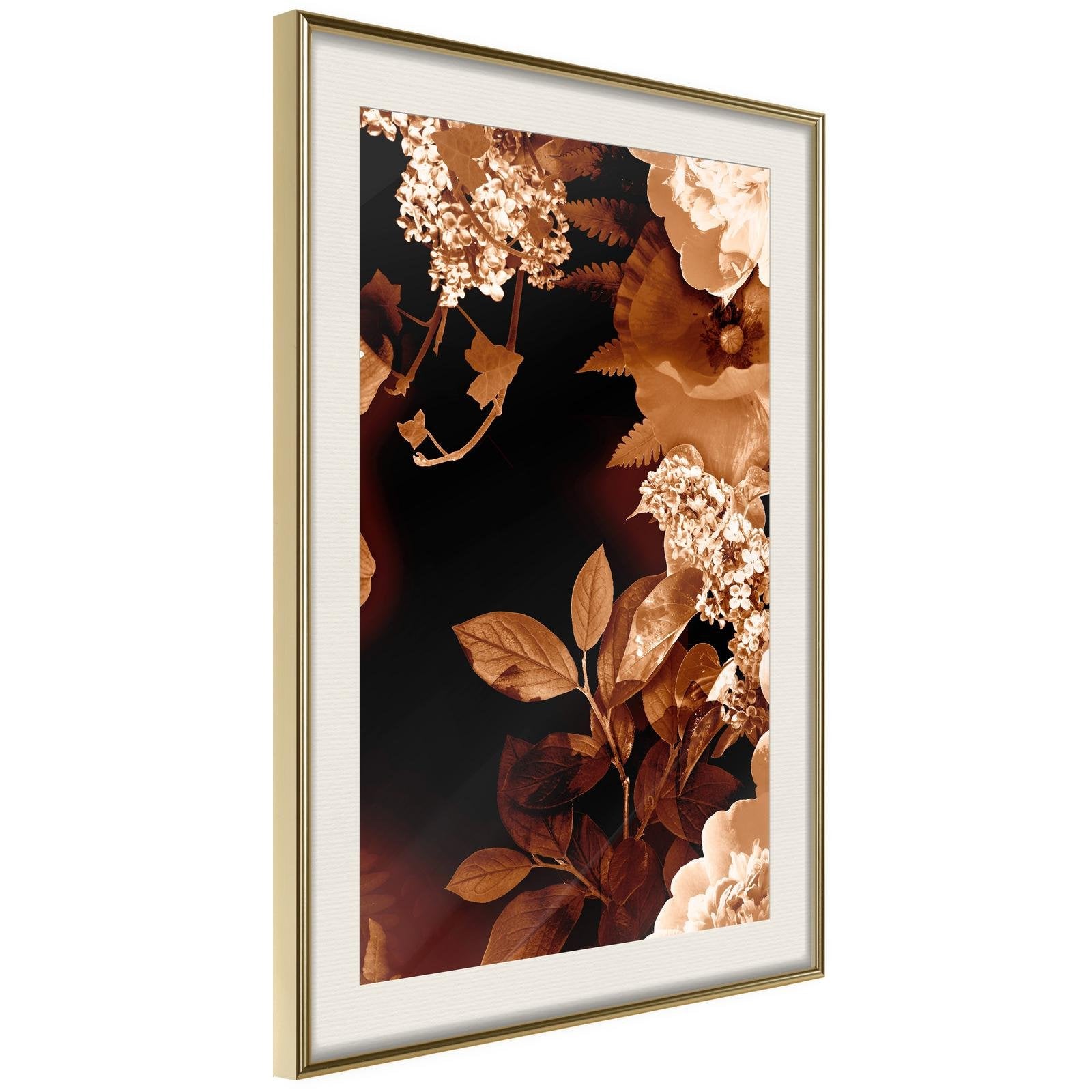 Läs mer om Inramad Poster / Tavla - Flower Decoration in Sepia - 20x30 Guldram med passepartout