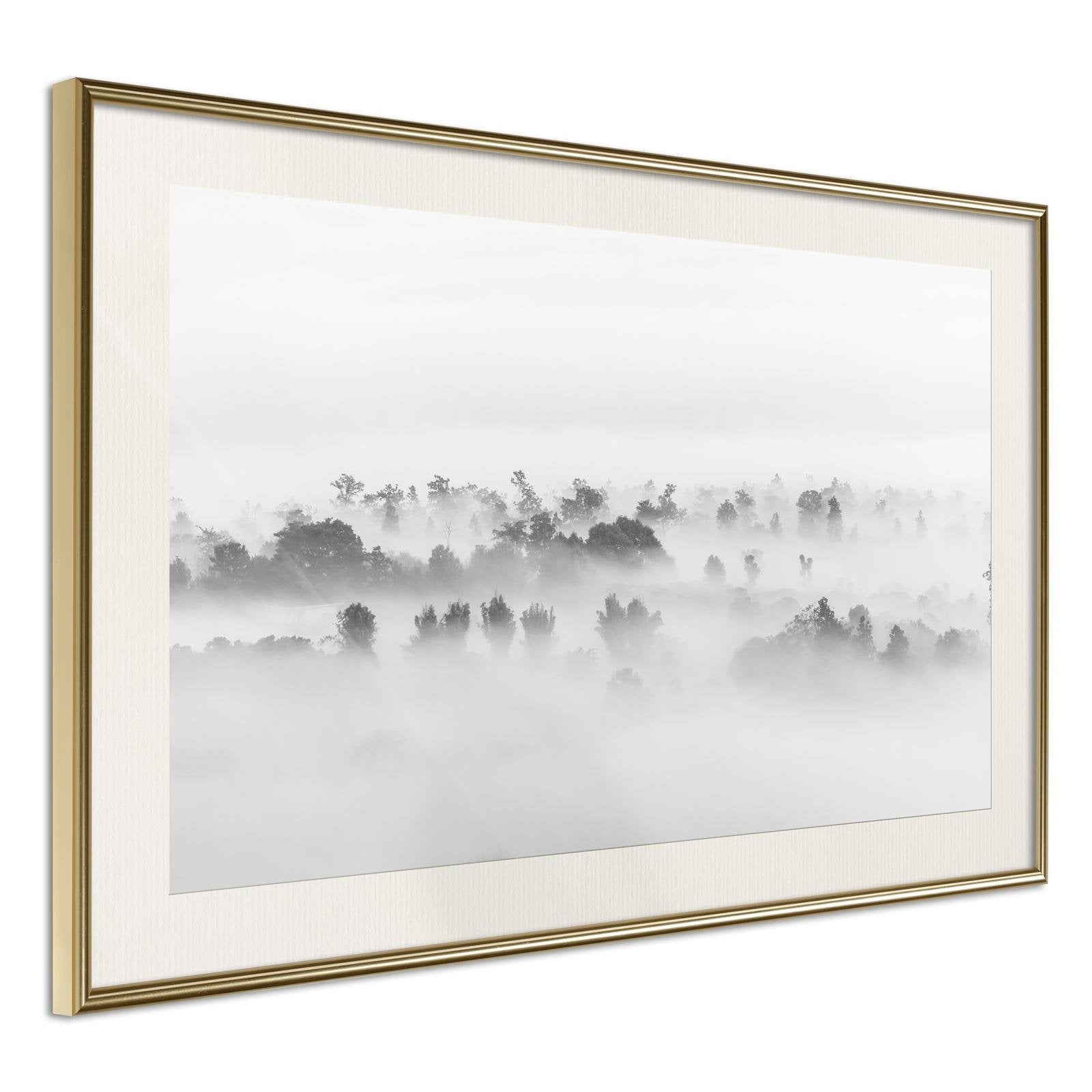 Läs mer om Inramad Poster / Tavla - Fog Over the Forest - 45x30 Guldram med passepartout