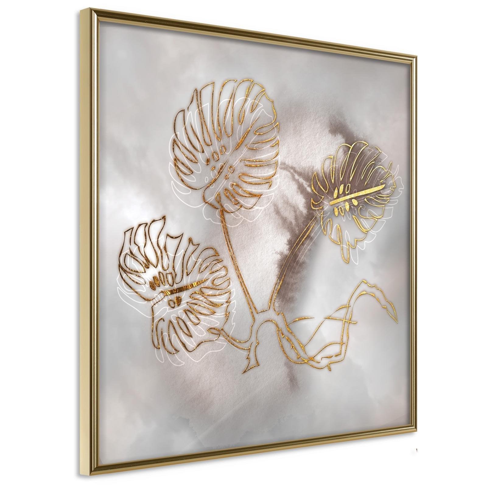 Läs mer om Inramad Poster / Tavla - Golden Monstera Leaves - 50x50 Guldram