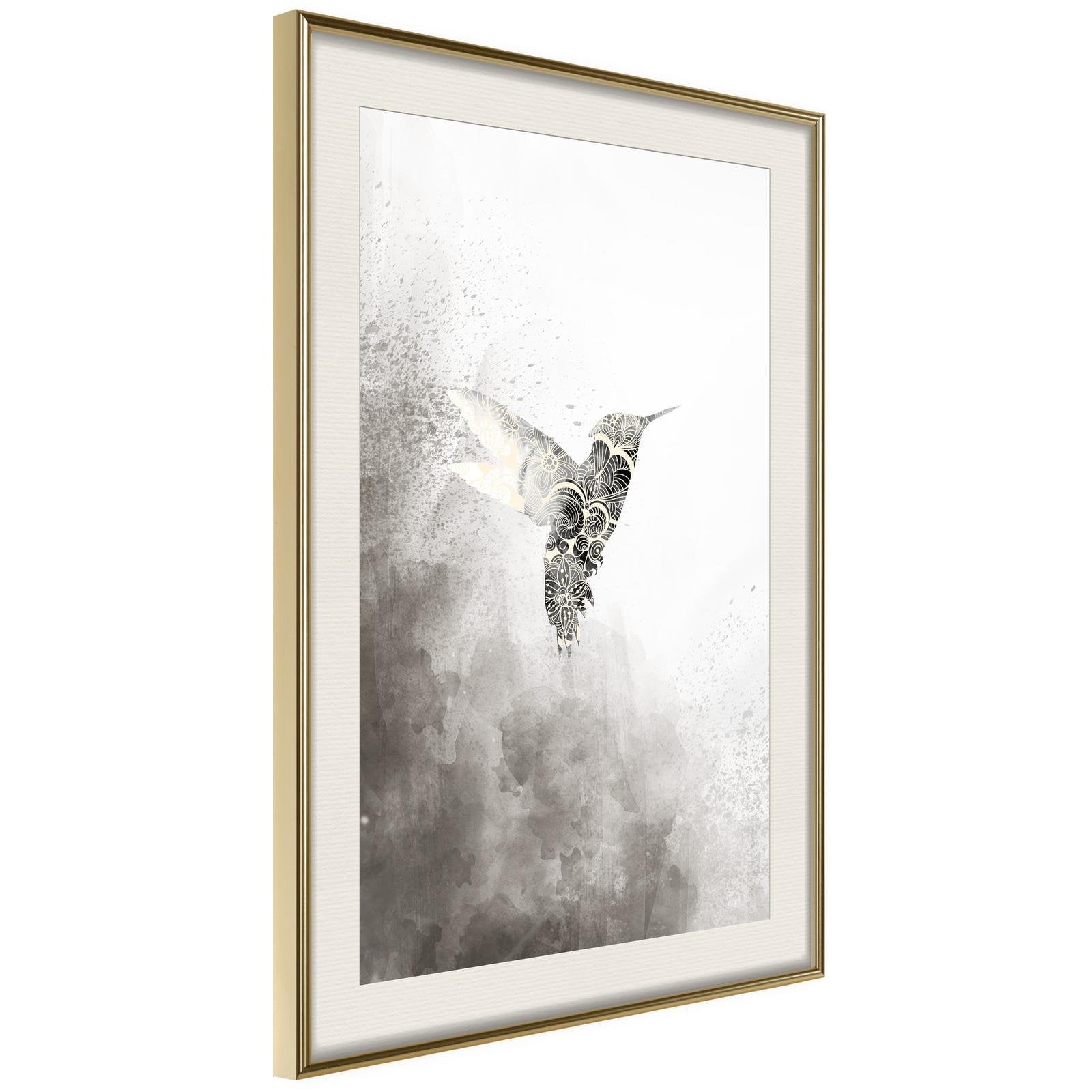 Inramad Poster / Tavla - Hummingbird in Shades of Grey - 40x60 Guldram med passepartout