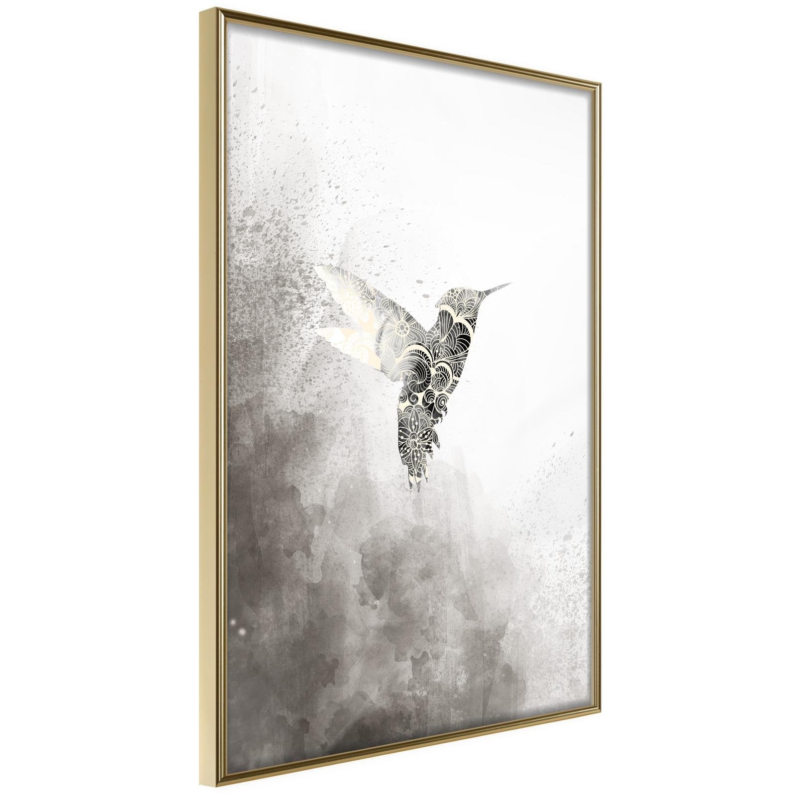 Inramad Poster / Tavla - Hummingbird in Shades of Grey - 30x45 Guldram