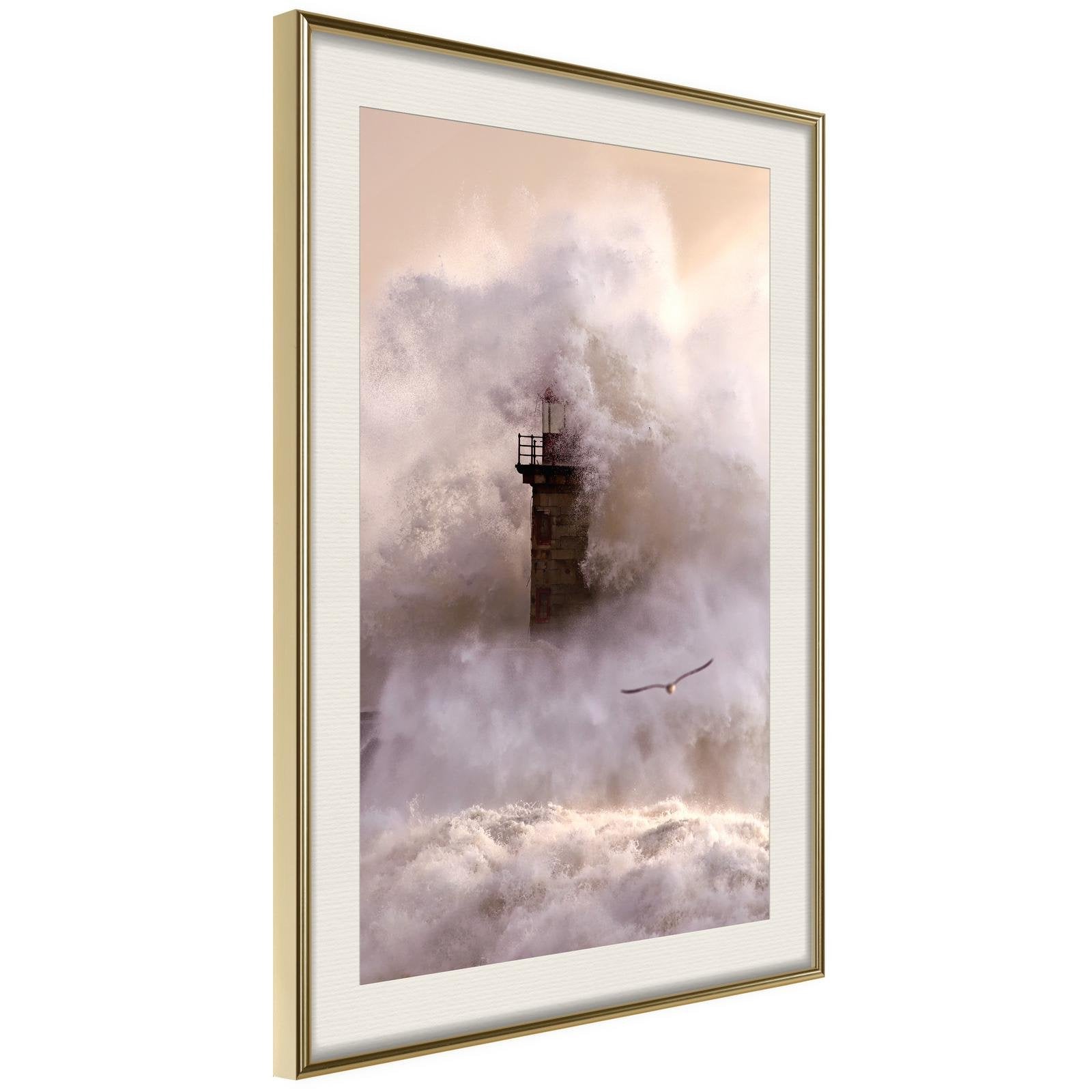 Läs mer om Inramad Poster / Tavla - Lighthouse During a Storm - 40x60 Guldram med passepartout