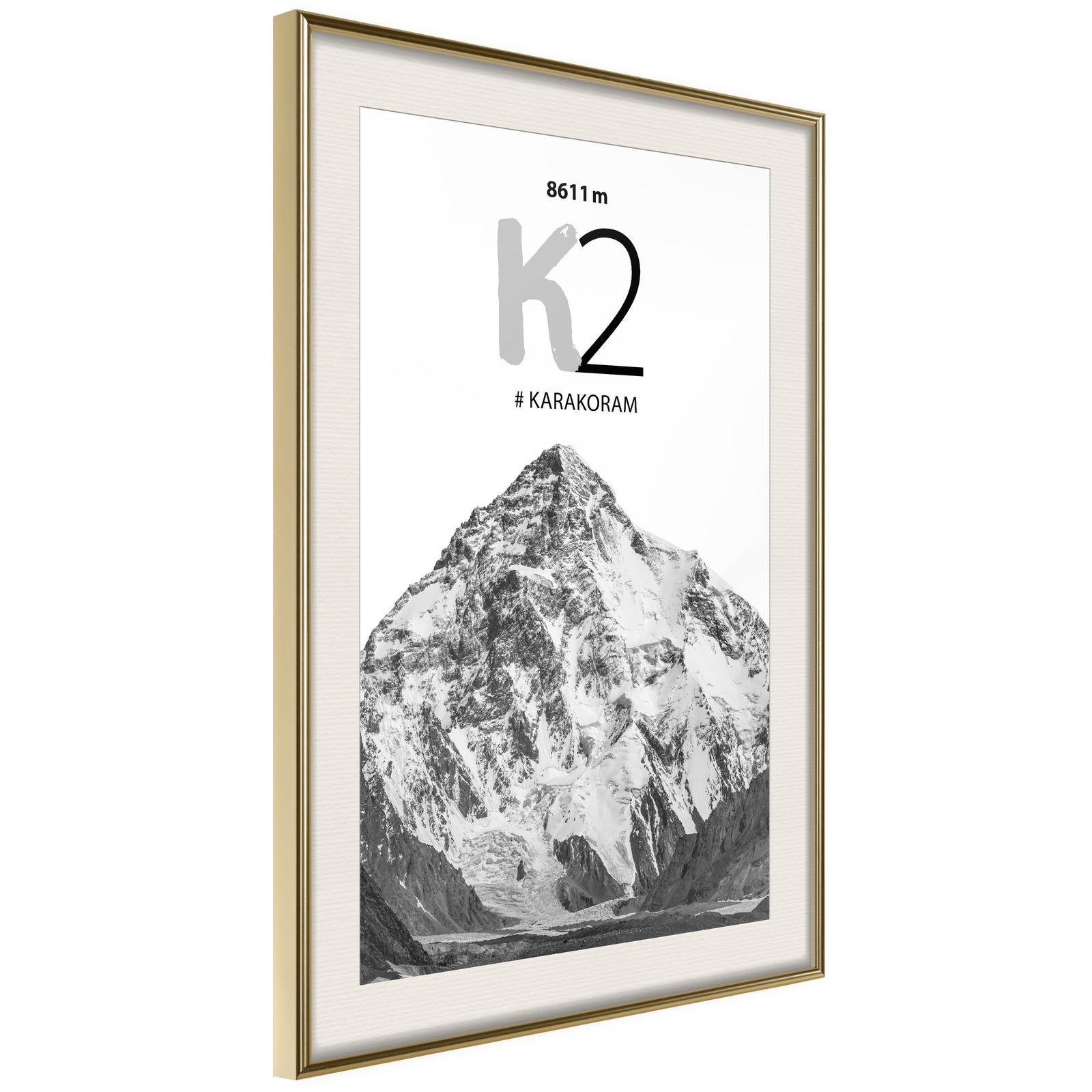 Läs mer om Inramad Poster / Tavla - Peaks of the World: K2 - 20x30 Guldram med passepartout