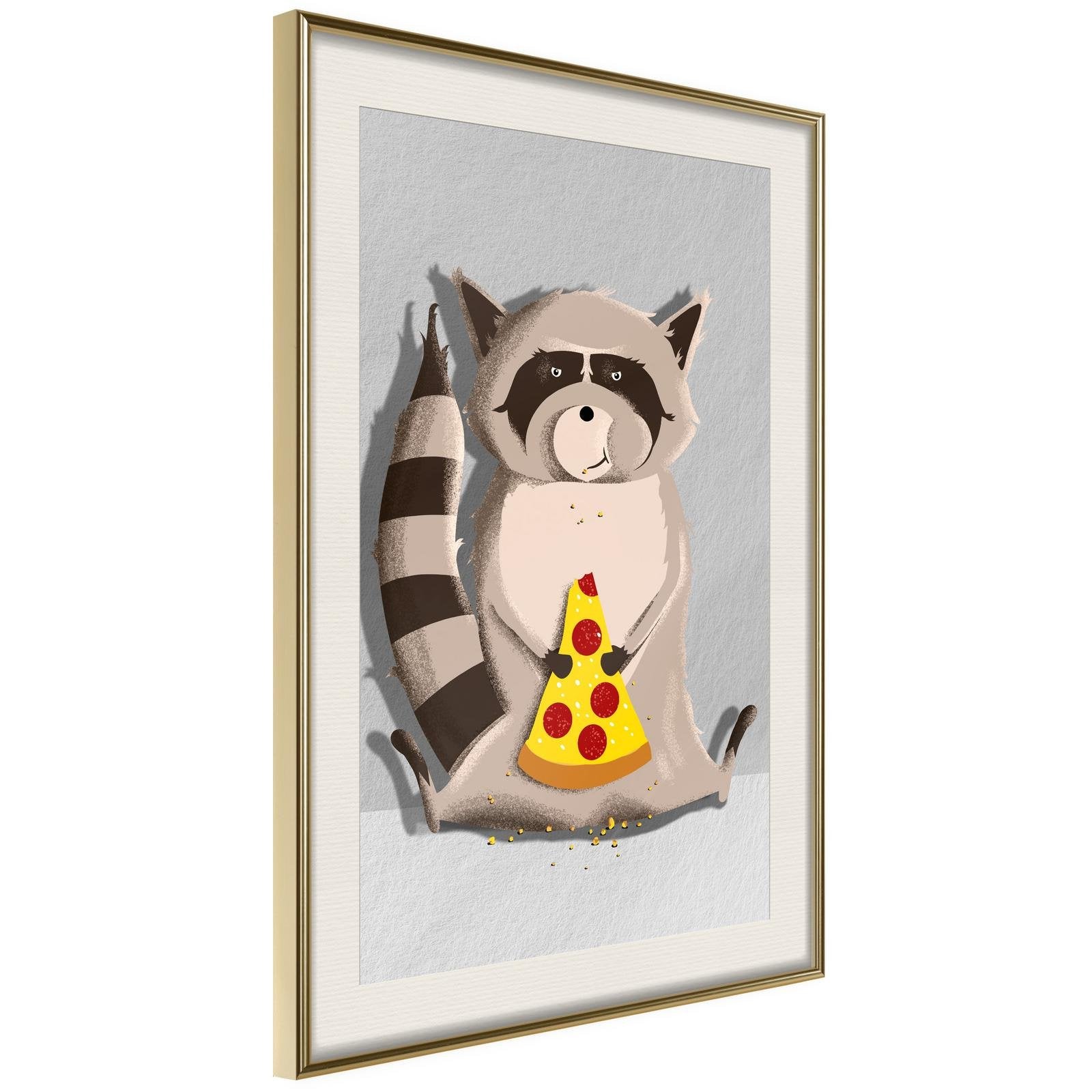 Läs mer om Inramad Poster / Tavla - Racoon Eating Pizza - 30x45 Guldram med passepartout