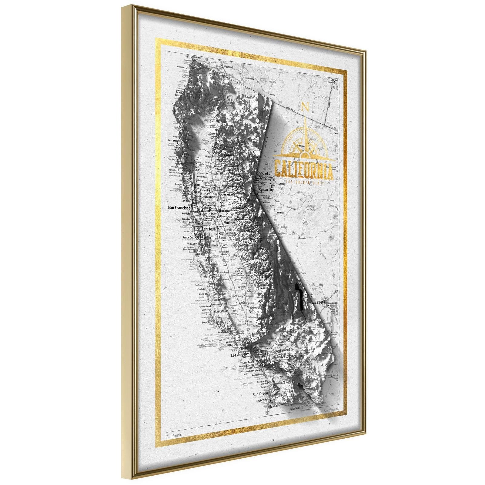 Läs mer om Inramad Poster / Tavla - Raised Relief Map: California - 30x45 Guldram