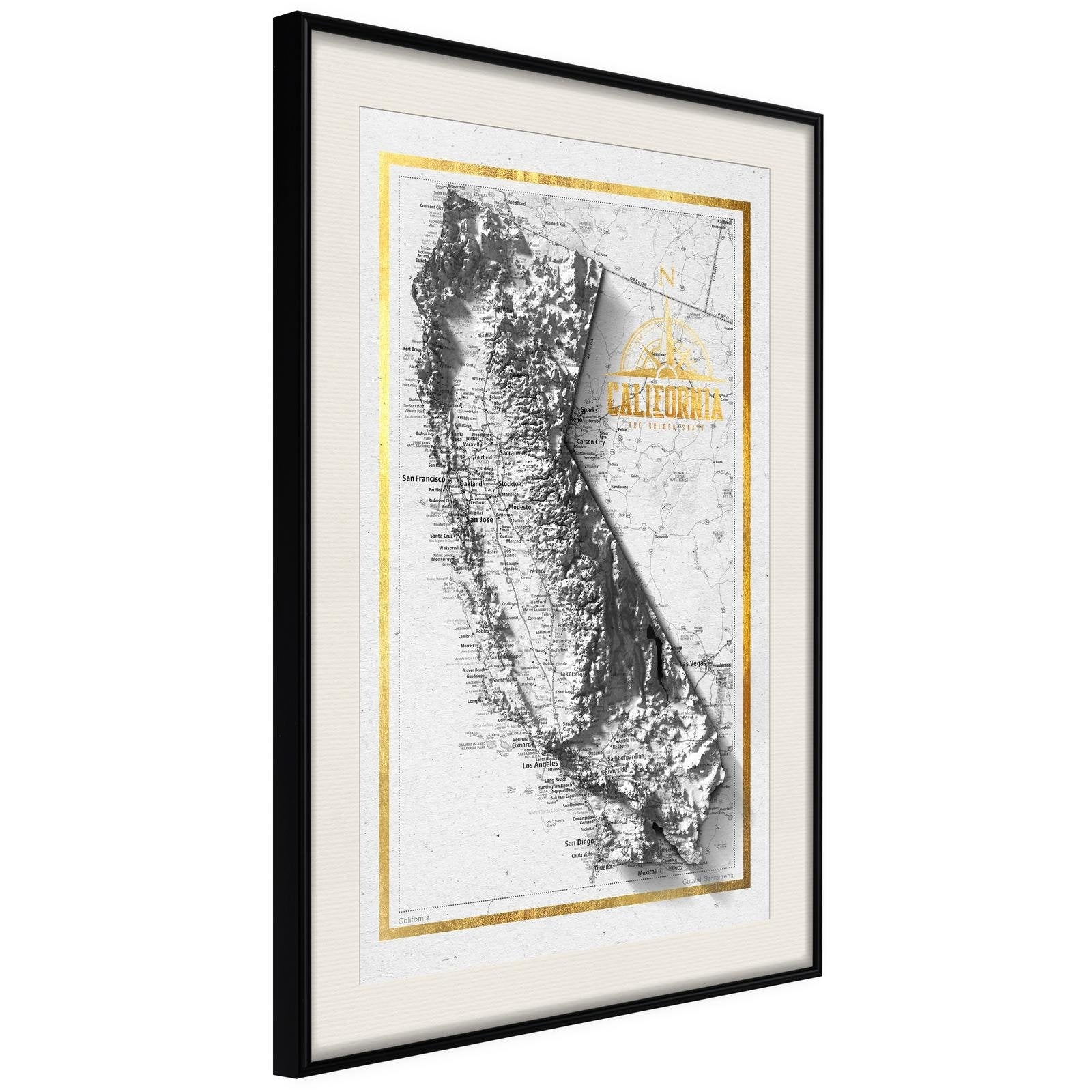 Läs mer om Inramad Poster / Tavla - Raised Relief Map: California - 40x60 Svart ram med passepartout