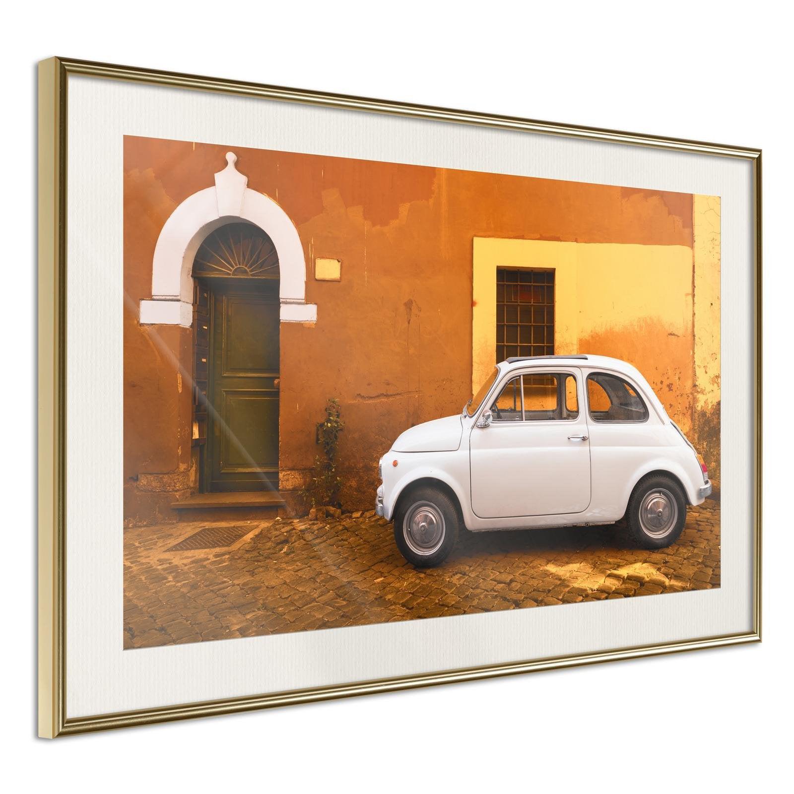 Läs mer om Inramad Poster / Tavla - White Car - 60x40 Guldram med passepartout
