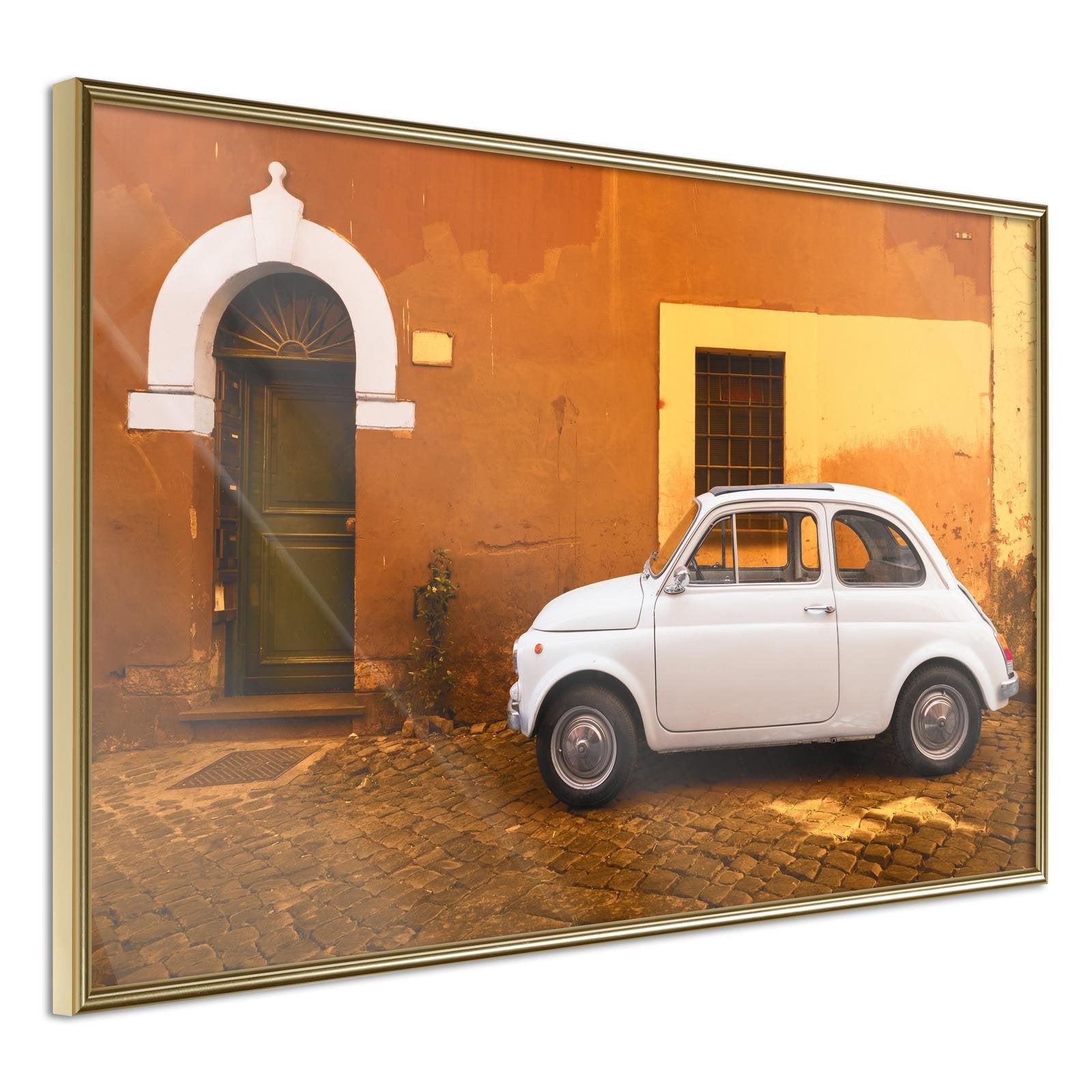 Inramad Poster / Tavla - White Car - 45x30 Guldram