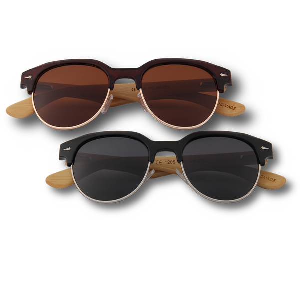 Bamboo Wooden Sunglasses Browline Style Vintage Retroshade Frames and lenses in brown and smoke black 