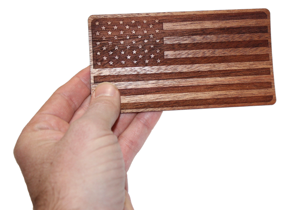 Wood American Flag Sticker in Hand