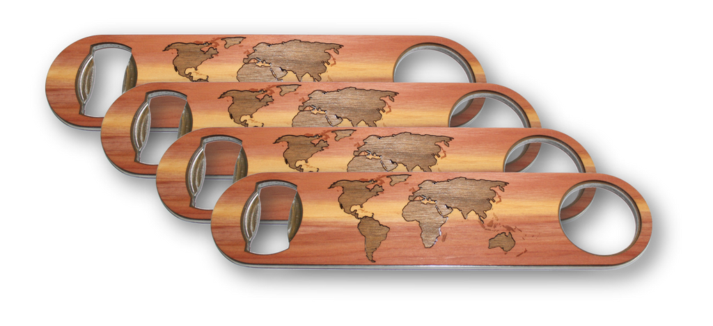 Large Stainless Steel Bottle Opener - world map traveler inlay with cedar and black walnut