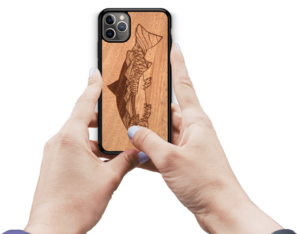Real wooden phone cases mahogany outdoor adventure art laser engraved, Salmon Night Landscape