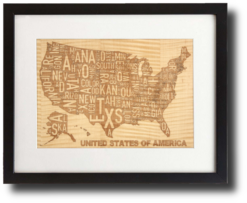 USA Map in words laser engraved from shimmering maple and framed 11" x 14"