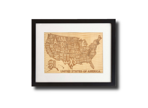 USA Map in words laser engraved from shimmering maple and framed 11" x 14"