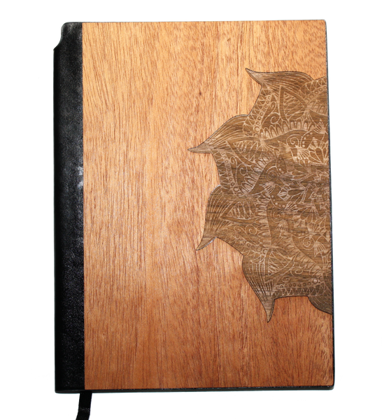 Real wood mandala journal-planner in mahogany and black walnut