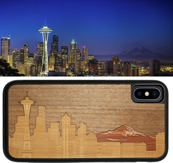 Seattle, Mt. Rainier, Skyline, Emerald City, Apple iPhone X, iPhone Xs, iPhone 10s, New 2018, WUDN, Wooden iPhone Case, wood iPhone case, ultra-slim iPhone case