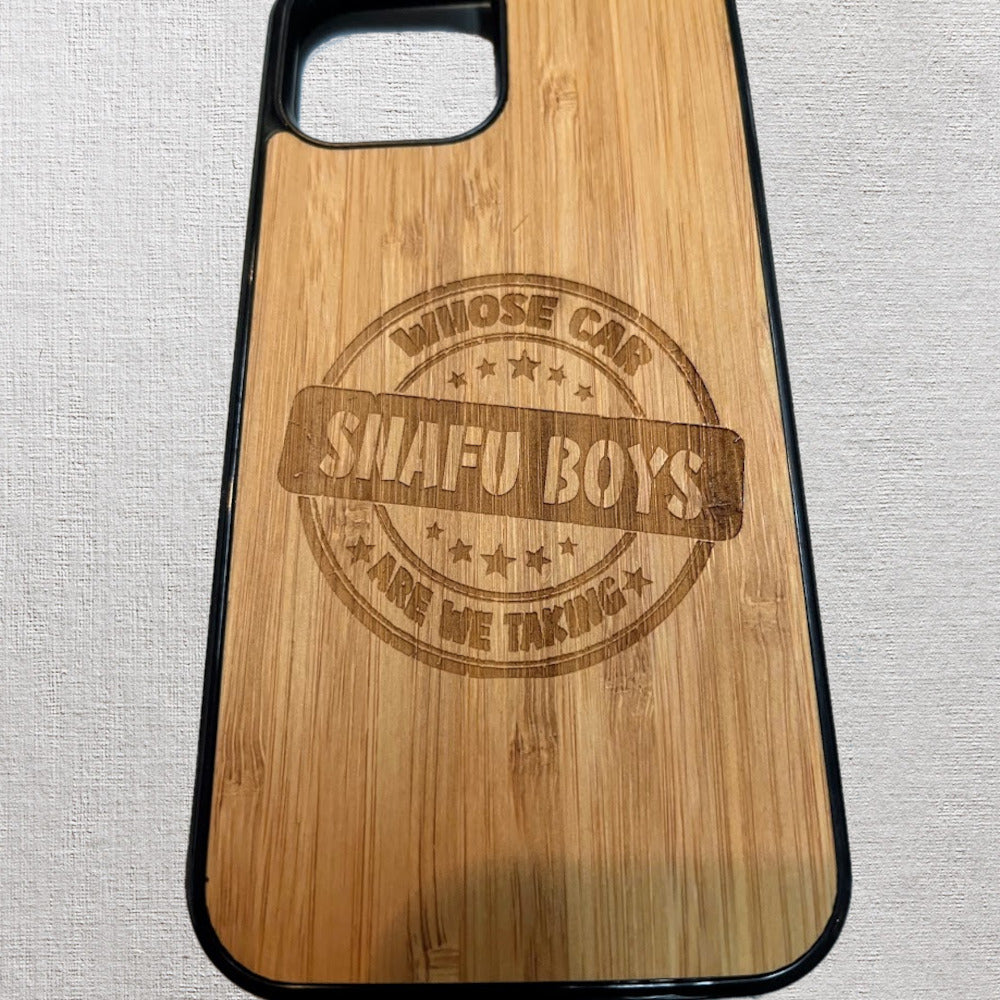 Custom logo laser-engraved on iPhone 11 in Carmalized Bamboo