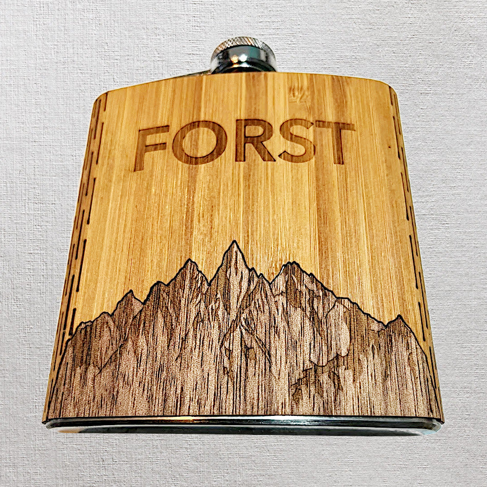 Custom engraved Flask Sawtooth Mountains Bamboo Sky