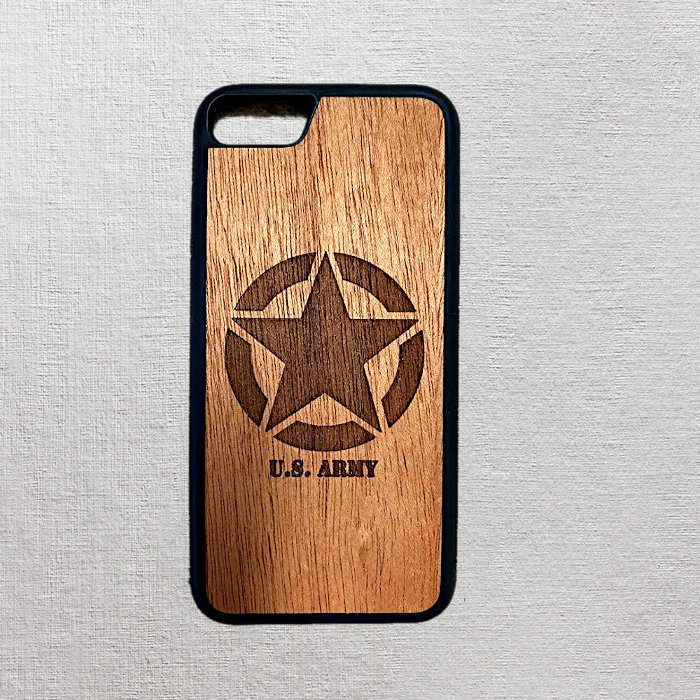 Custom US Army logo laser-engraved on iPhone 7, 8, SE in Mahogany