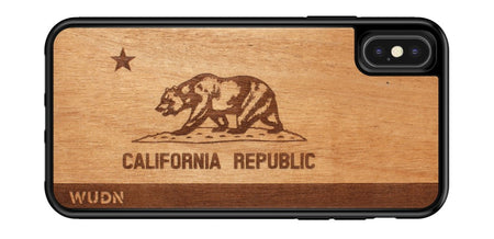 Wooden iPhone 11 case with California flag laser engraved in mahogany 