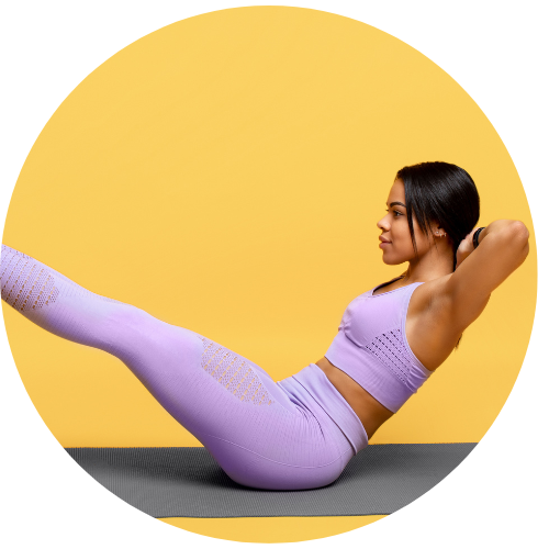 Woman on a workout map, wearing lavender workout clothes, doing a sit up