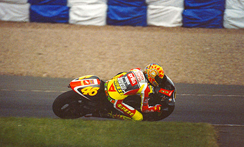 Valentino Rossi in action at the 1999 British Grand Prix. He would go on to win the race.