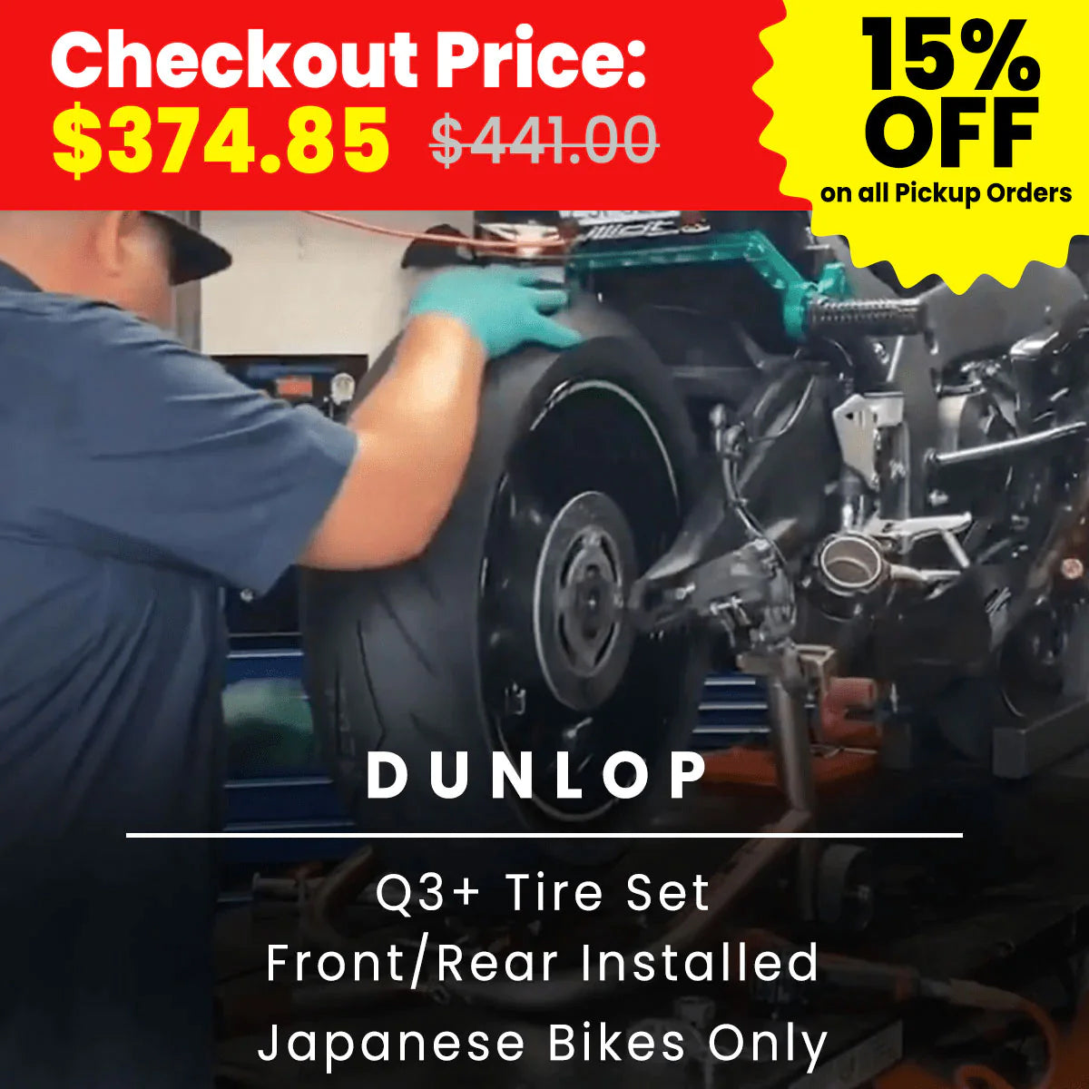 Motorcycle Sportbike Dunlop Q3+ Front/Rear Tire Set Installed For Japanese Bikes Only (At Location: Fullerton CA)

