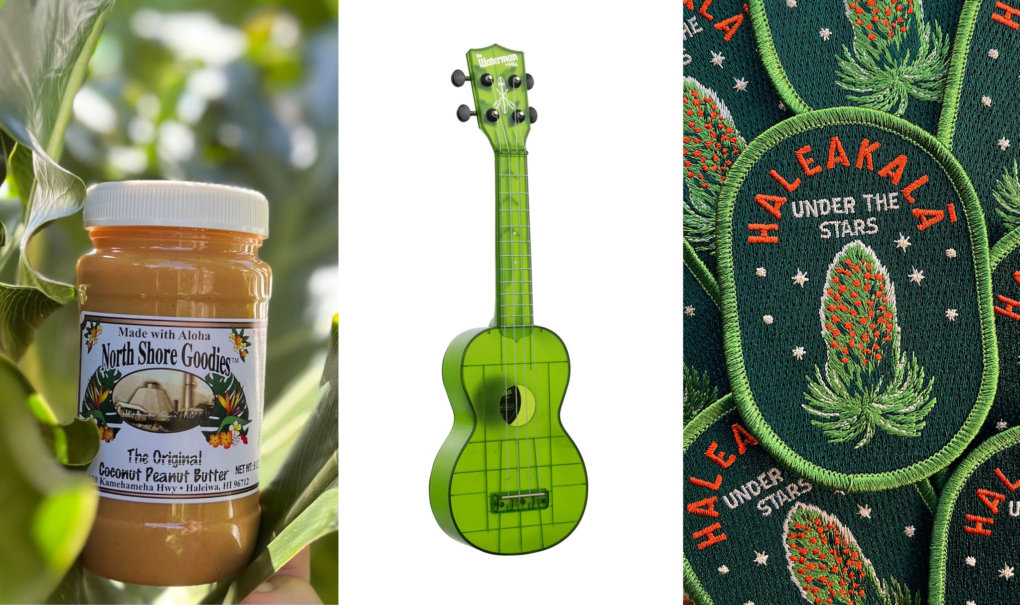 North Shore Goods Peanut Butter, Waterman Ukulele, Haleakala Patch