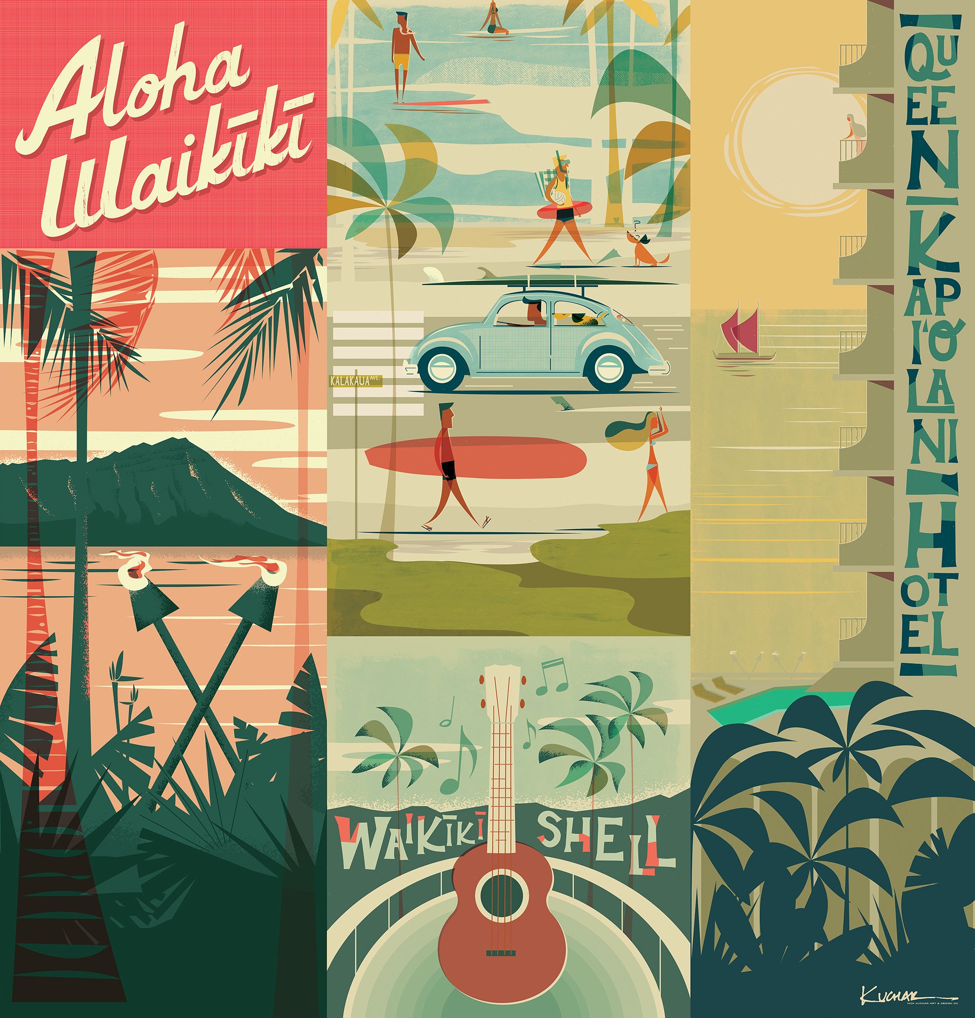 Nick Kuchar Vintage Surf Waikiki Illustration