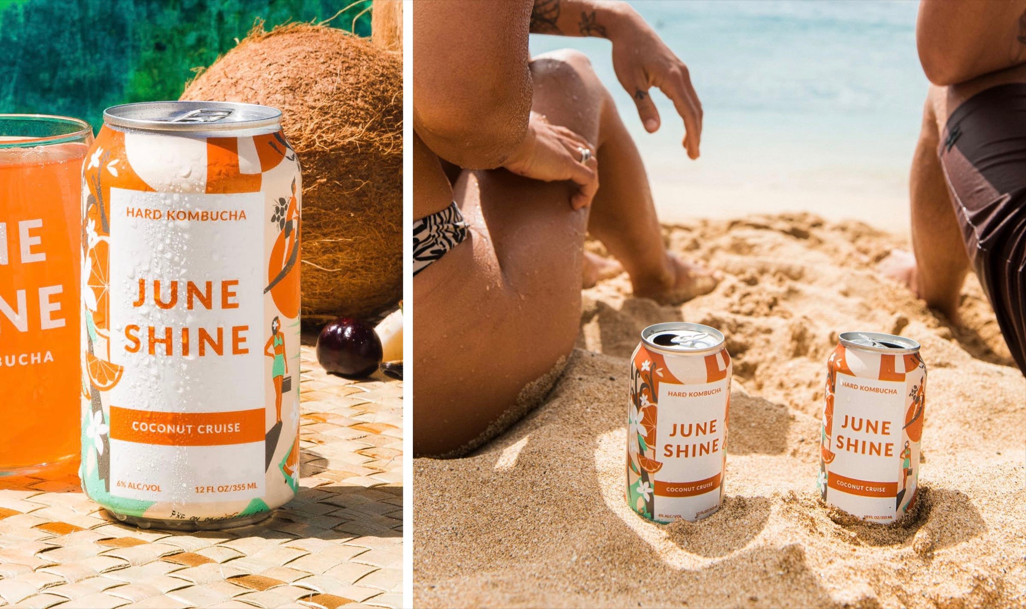 Two images of JuneShine Coconut Cruise Hard Kombucha, one product shot, one of two people sitting on a beach with cans between them