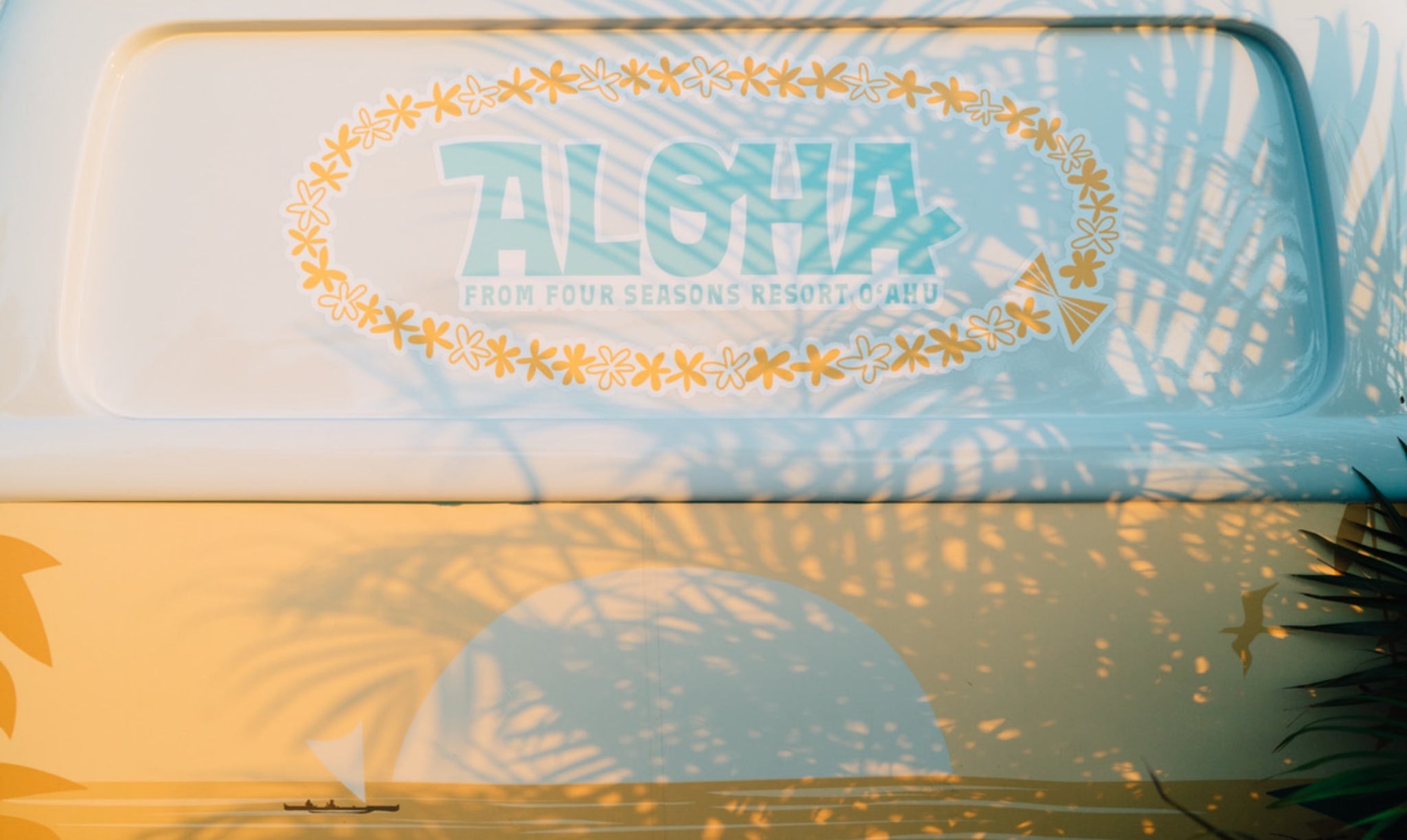 Drink truck Nick Kuchar sunset illustration with traditional Polynesian canoe