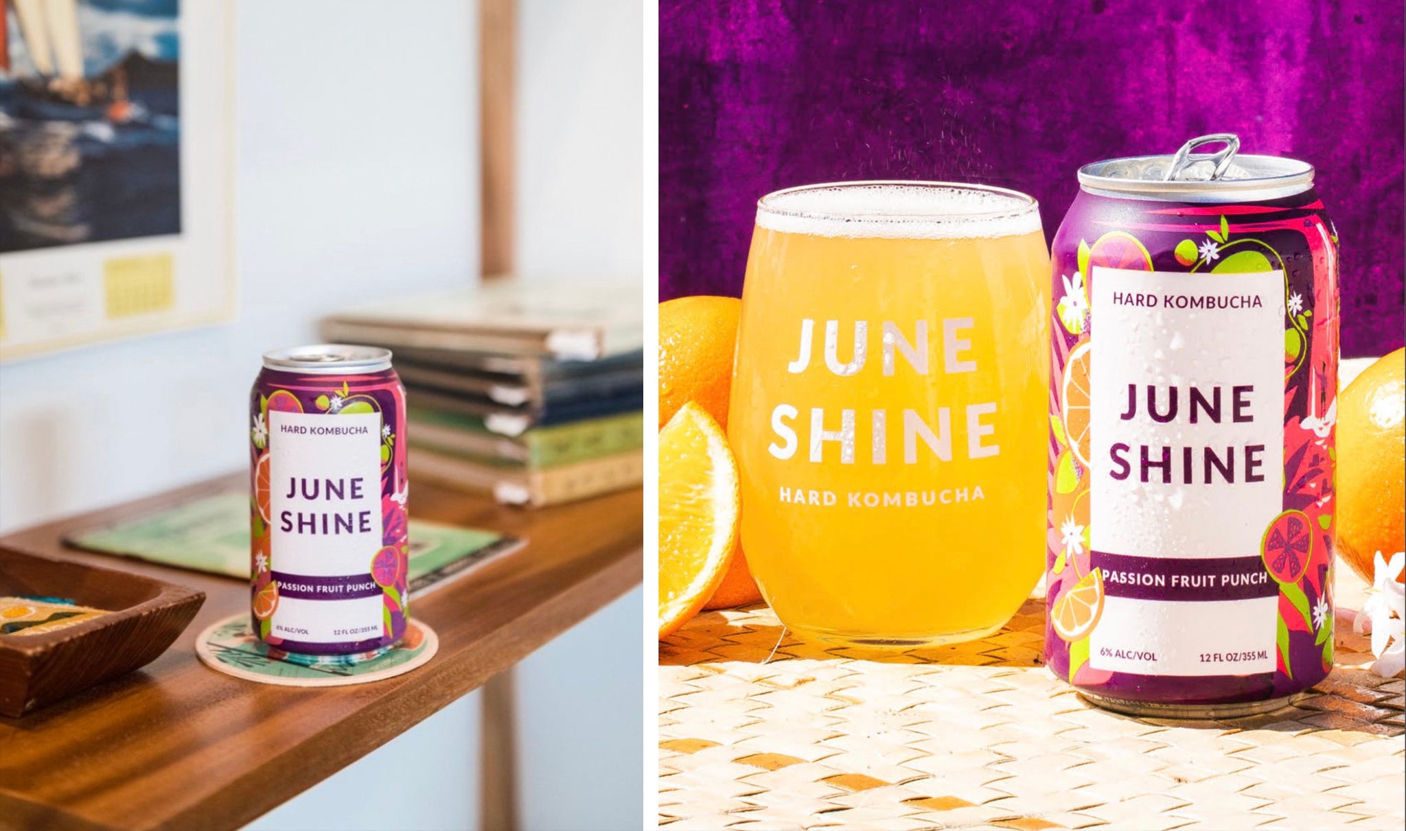 Two images of JuneShine Passion Fruit Punch cans with artwork by Nick Kuchar 
