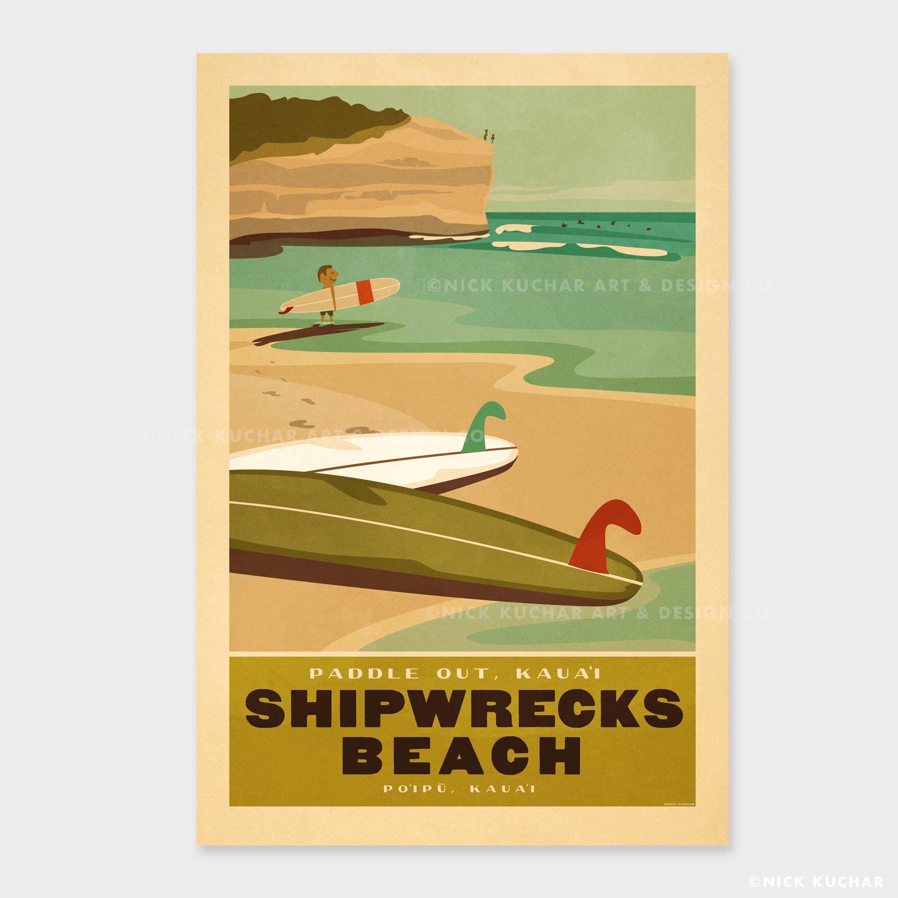 Waikiki Surf at Queen's Retro Hawaii Travel Print | Waikiki Retro Art