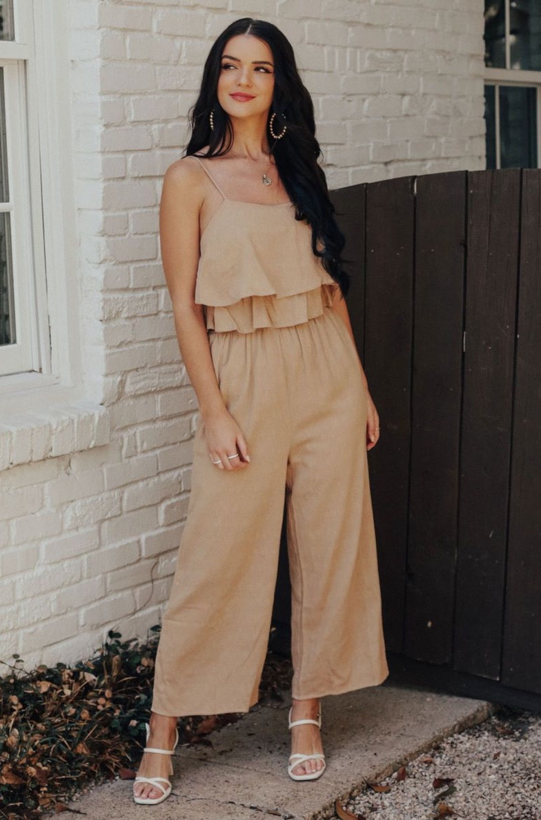 Tan Ruffle Jumpsuit – Grey Suede