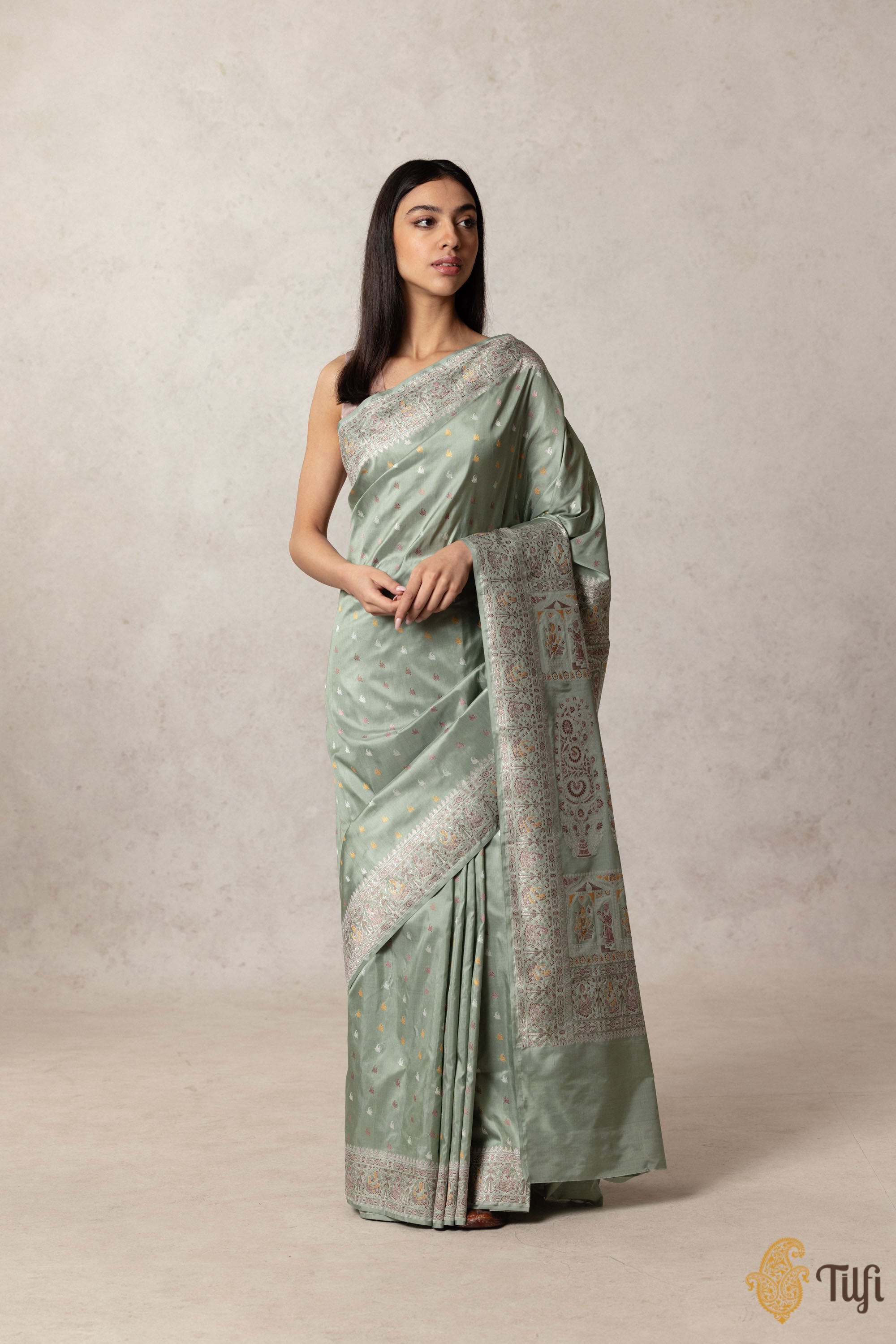 Delightful Teal Green Cotton Banarasi Design Handwoven Saree - Loomfolks