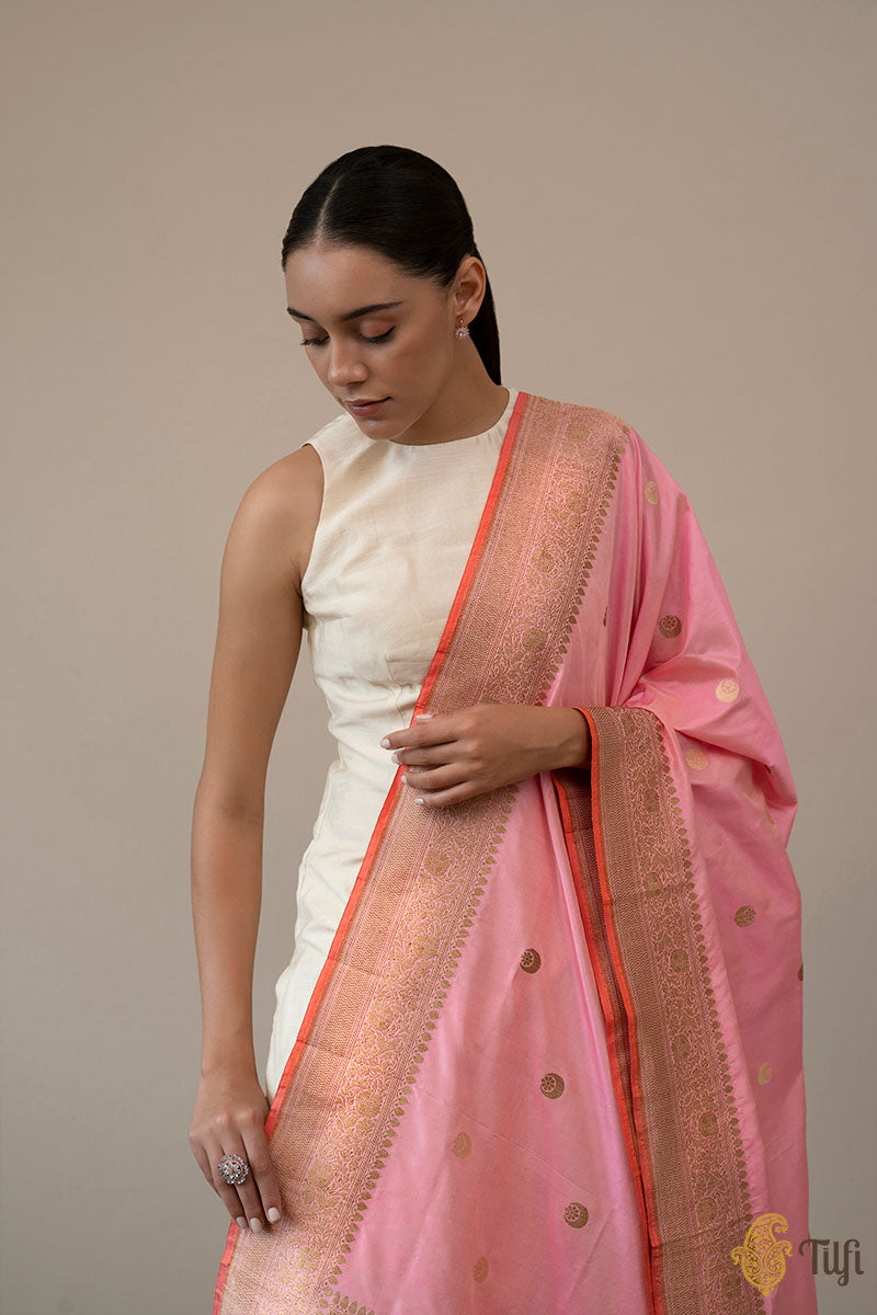 Light Pink Pure Katan Silk Banarasi Handloom Dupatta - Tilfi