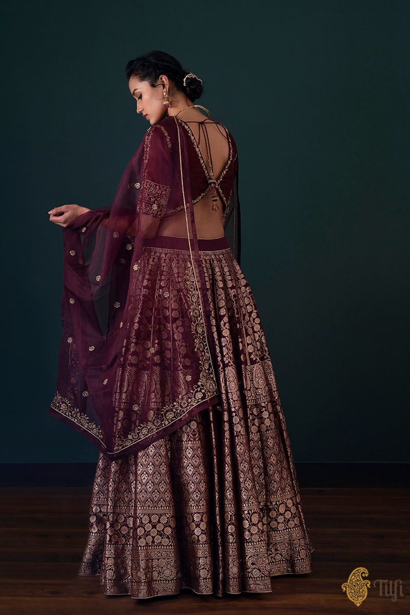 'Firdaus' Burgundy Brown Pure Katan Silk Banarasi Handloom Lehenga Set ...