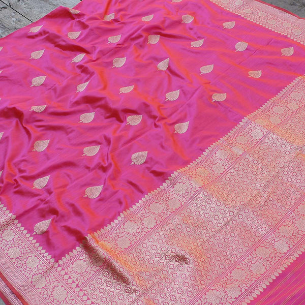 Light Orange-Gulabi Pink Pure Katan Silk Banarasi Handloom Dupatta - Tilfi