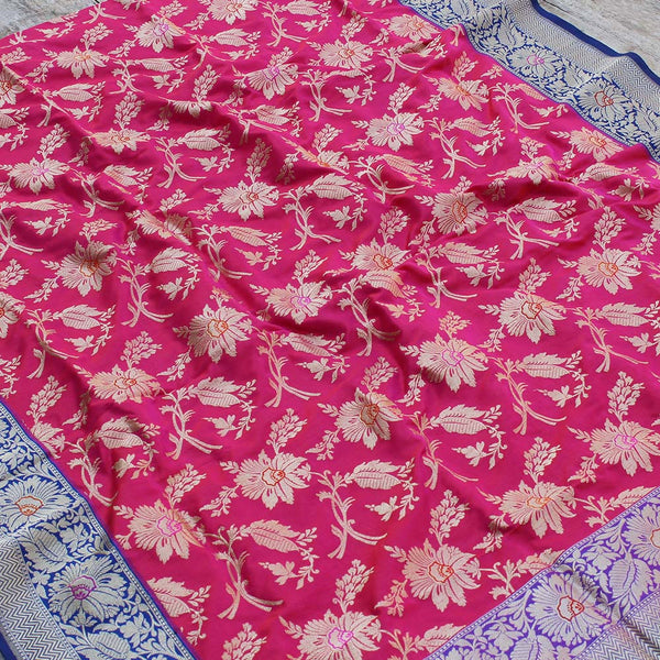 Rani Pink Pure Katan Silk Kadwa Jangla Handloom Dupatta - Tilfi