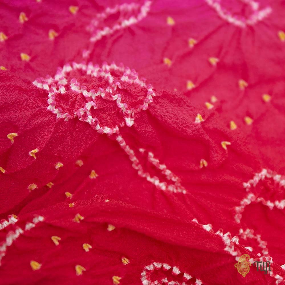 Rani Pink-Red Pure Georgette Banarasi Handloom Bandhani Dupatta - Tilfi