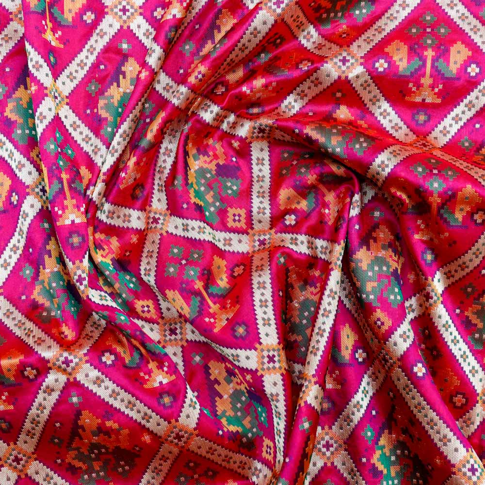 Red Rani Pink Pure Katan Silk Banarasi Handloom Patola Dupatta Tilfi