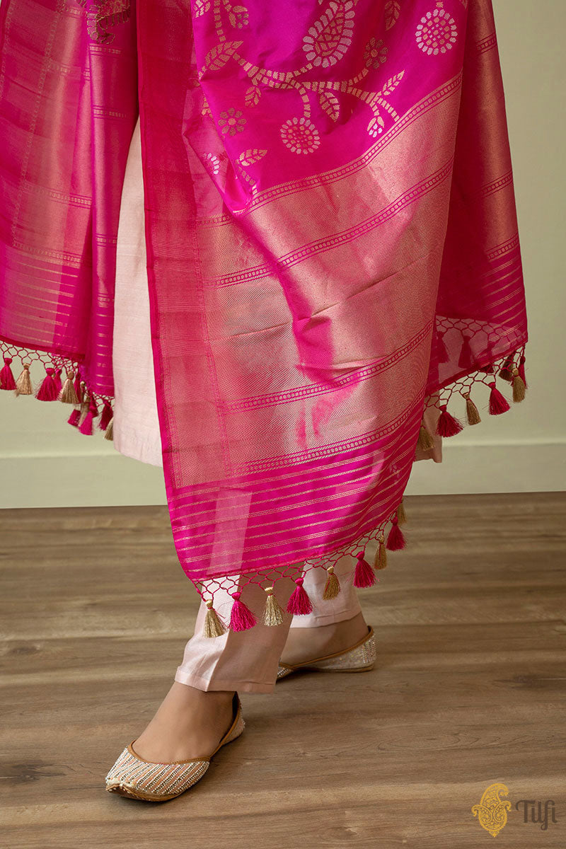 Rani Pink Pure Katan Silk Georgette Banarasi Handloom Dupatta - Tilfi