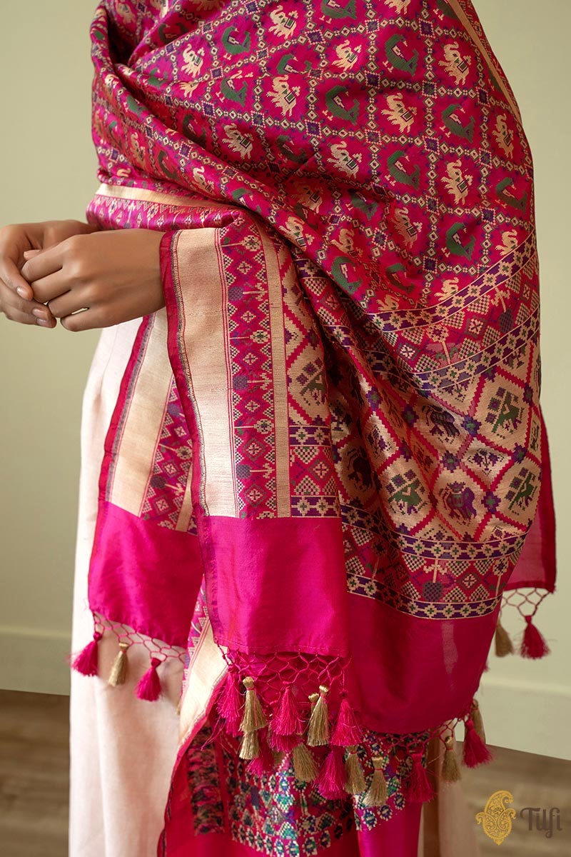 Red-Rani Pink Pure Katan Silk Banarasi Handloom Patola Dupatta - Tilfi