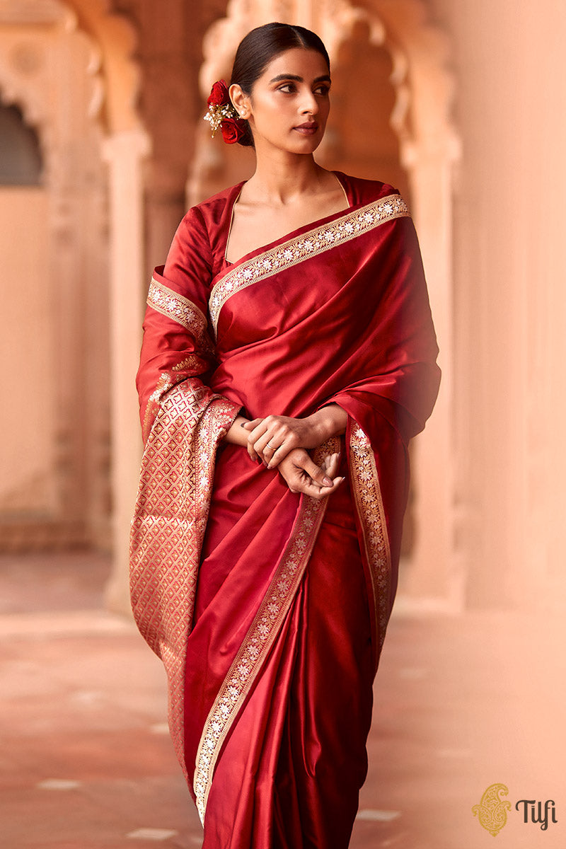 Maya' Red Pure Soft Satin Silk Banarasi Handloom Saree - Tilfi