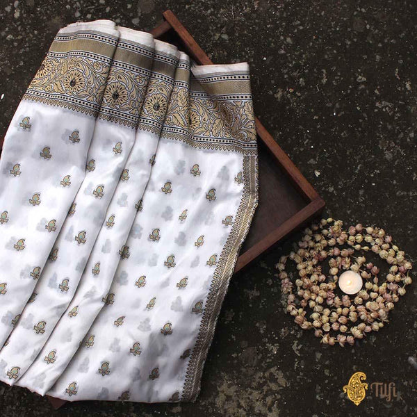 White-Black Pure Katan Silk Banarasi Handloom Saree - Tilfi