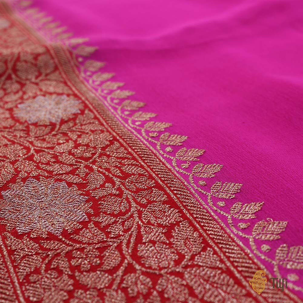 Pink-Red Pure Chiffon Georgette Banarasi Handloom Saree - Tilfi
