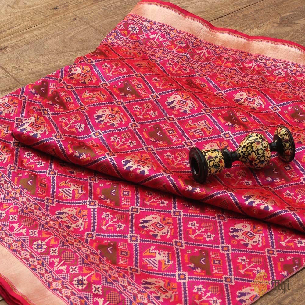 Red-Rani Pink Pure Katan Silk Banarasi Handloom Patola Saree - Tilfi